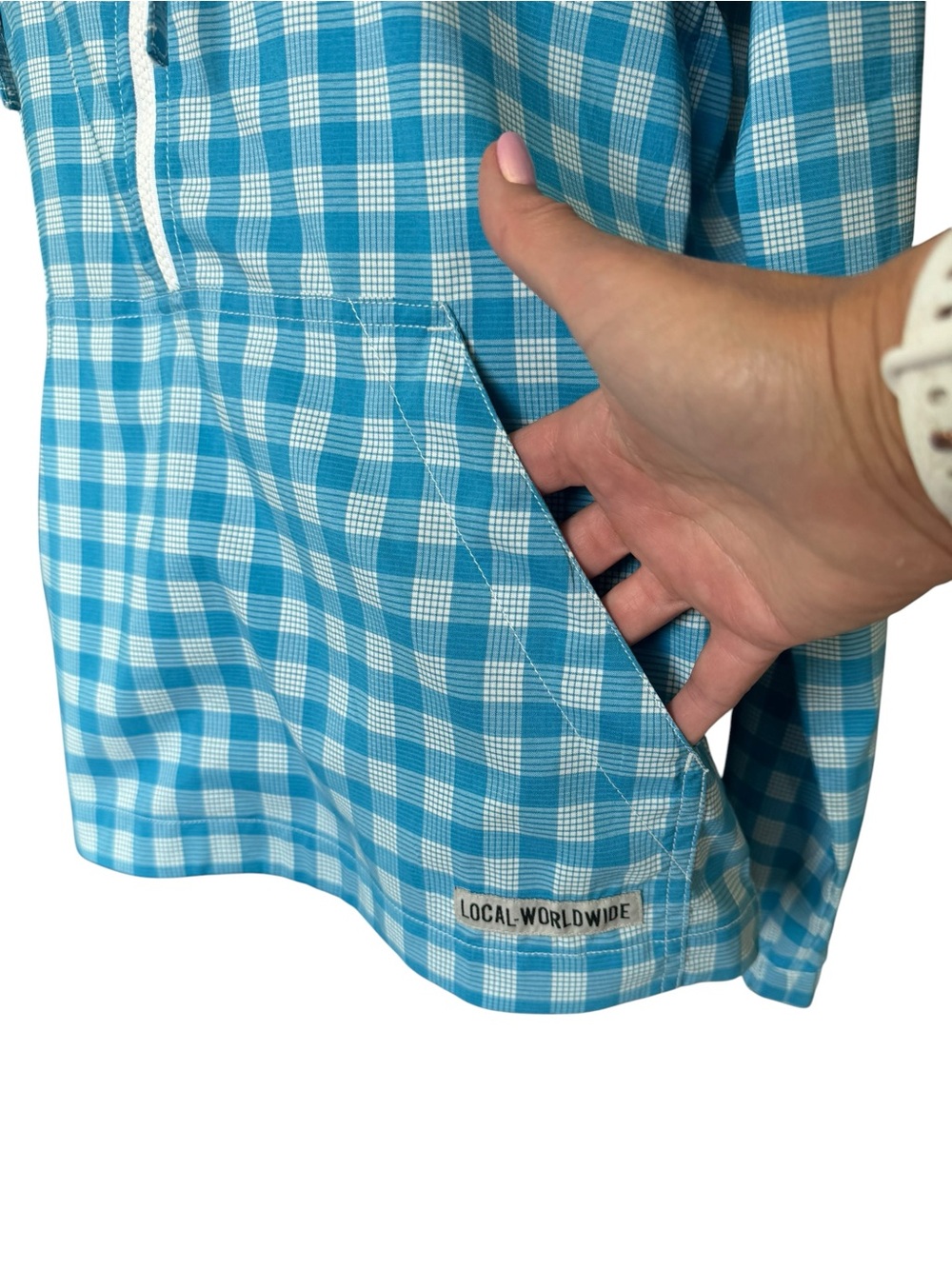 KAVU Plaid Half Zip Hooded Pullover XS Blue White Coastal Outdoor Lightweight O9 - Picture 4 of 8